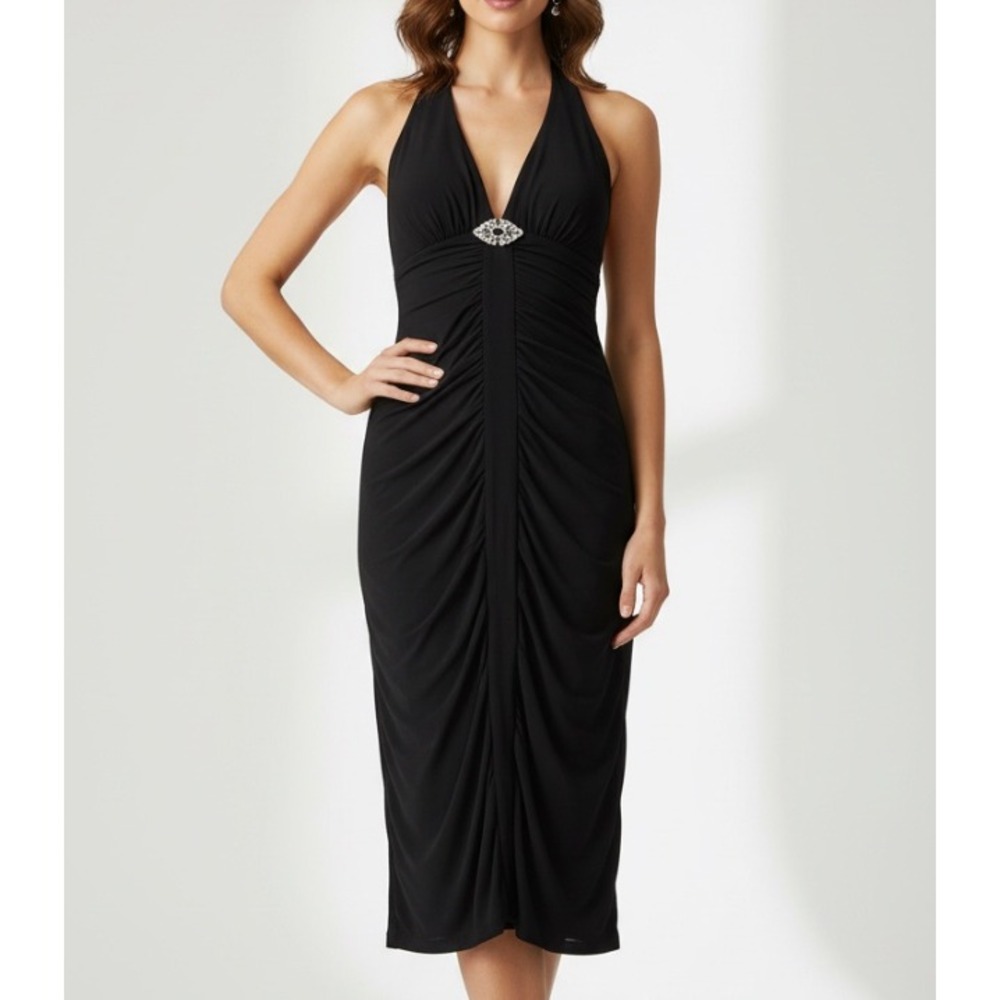 B. DARLIN Black STRETCH KNIT Rhinestone Brooch RUCHED Party LBD BODYCON DRESS S